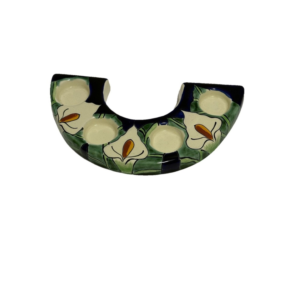 Hand Painted Talavera Candle Holder 4 Tea Light Mexico Calla Lily Floral Pottery